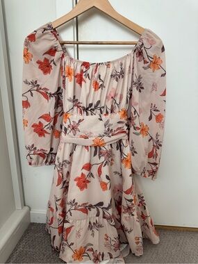 Floral Puff-Sleeve Mini Dress in Blush and Orange